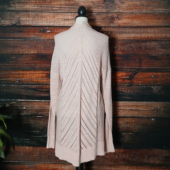 Leo & Nicole Cardigan Sweater XL Open Long Pointelle Loose Weave Knit Light Pink - Picture 3 of 10